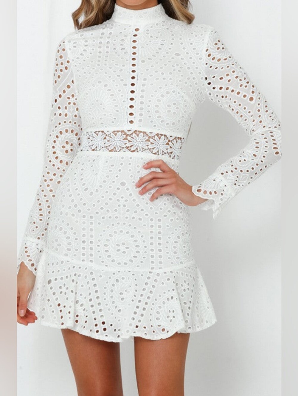 Lioness White Eyelet Long Sleeve Mini Dress with Ruffle Hem